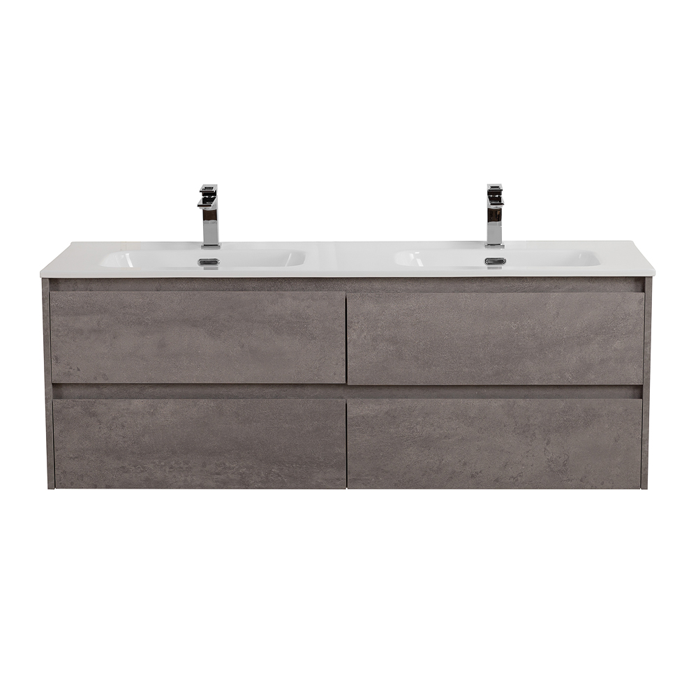 Тумба с четырьмя ящиками и раковиной на две чаши подвесная BelBagno KRAFT 120 Cemento Grigio , раковина белая