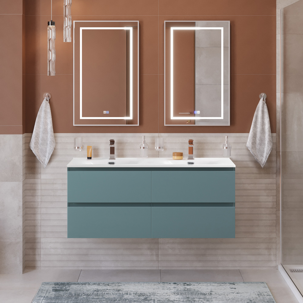 Тумба с четырьмя ящиками и раковиной на две чаши подвесная BelBagno KRAFT 120 Голубой Матовый, раковина BB-8099-120-2